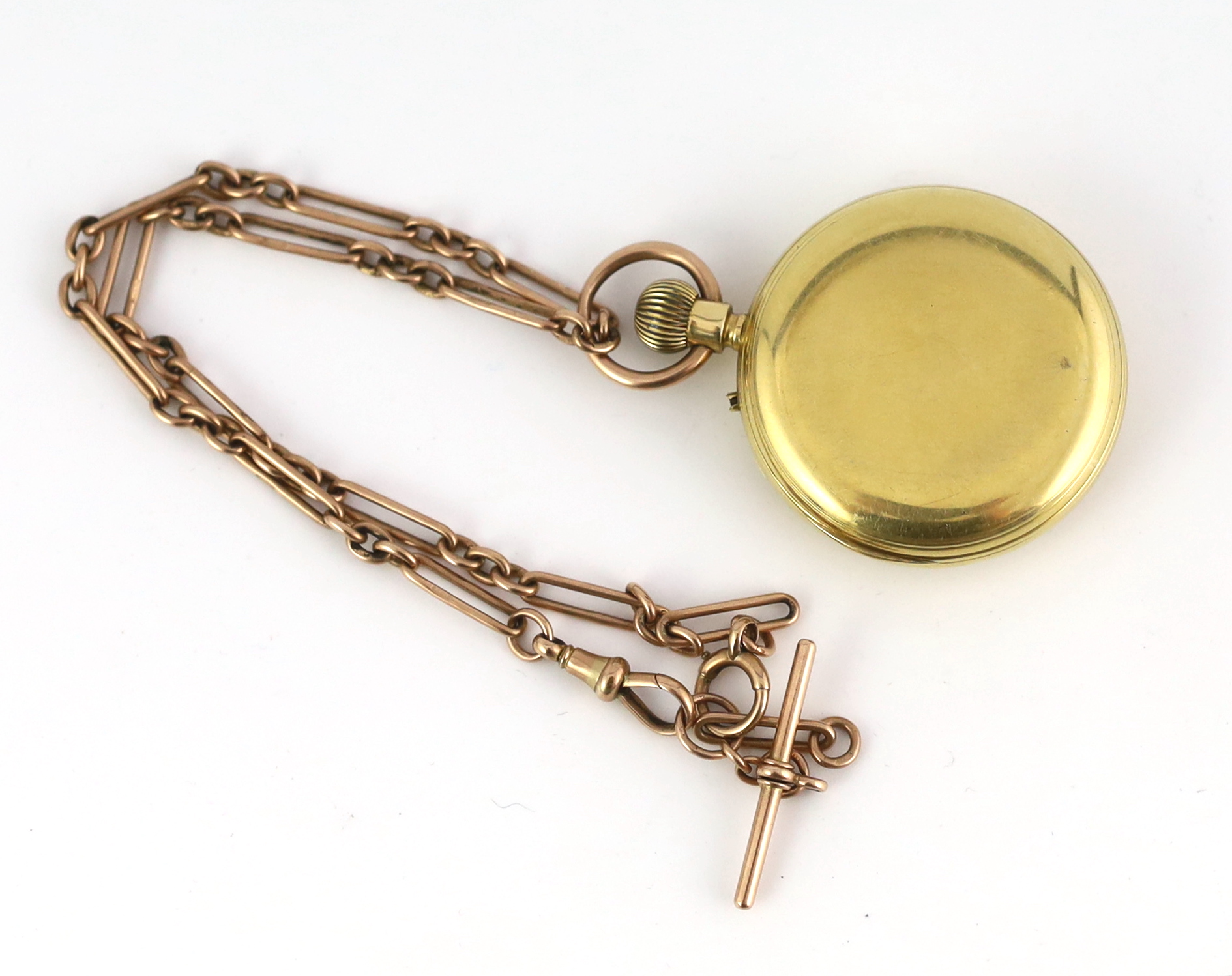 A late Victorian 18ct gold open faced keyless lever pocket watch, by J. Arnold Lake of Camden Town, together with a 9ct gold albert